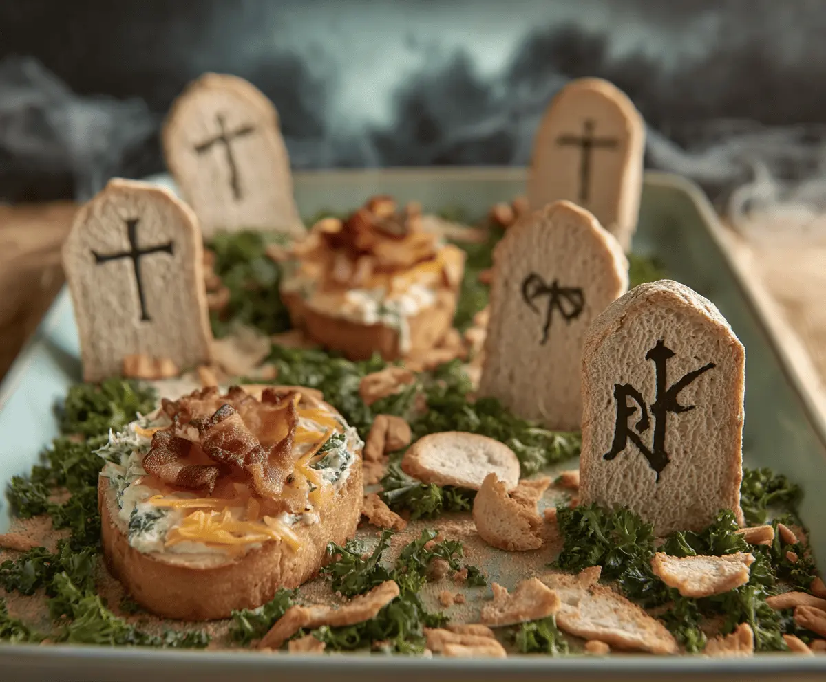 Delicious spinach dip decorated as a spooky graveyard scene with tombstones and creepy decorations for Halloween party appetizer