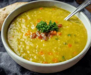 Creamy and hearty split pea soup served in a bowl with fresh herbs, perfect for a comforting and nutritious meal.