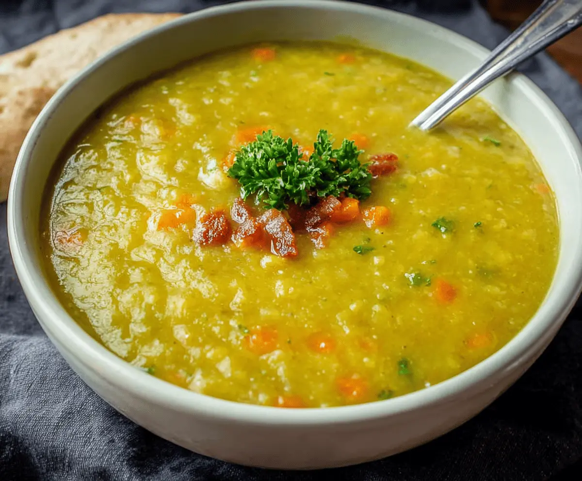 Creamy and hearty split pea soup served in a bowl with fresh herbs, perfect for a comforting and nutritious meal.