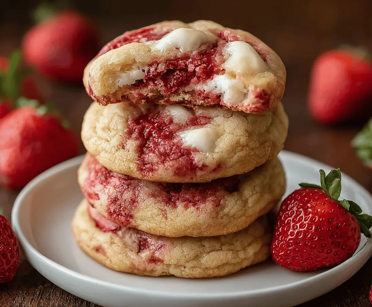 Delicious strawberry cheesecake cookies with creamy filling and fresh strawberry toppings on a white plate.