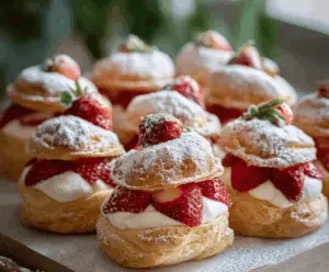Delicious homemade strawberry cream puffs topped with fresh strawberries and whipped cream, perfect for dessert or special occasions.