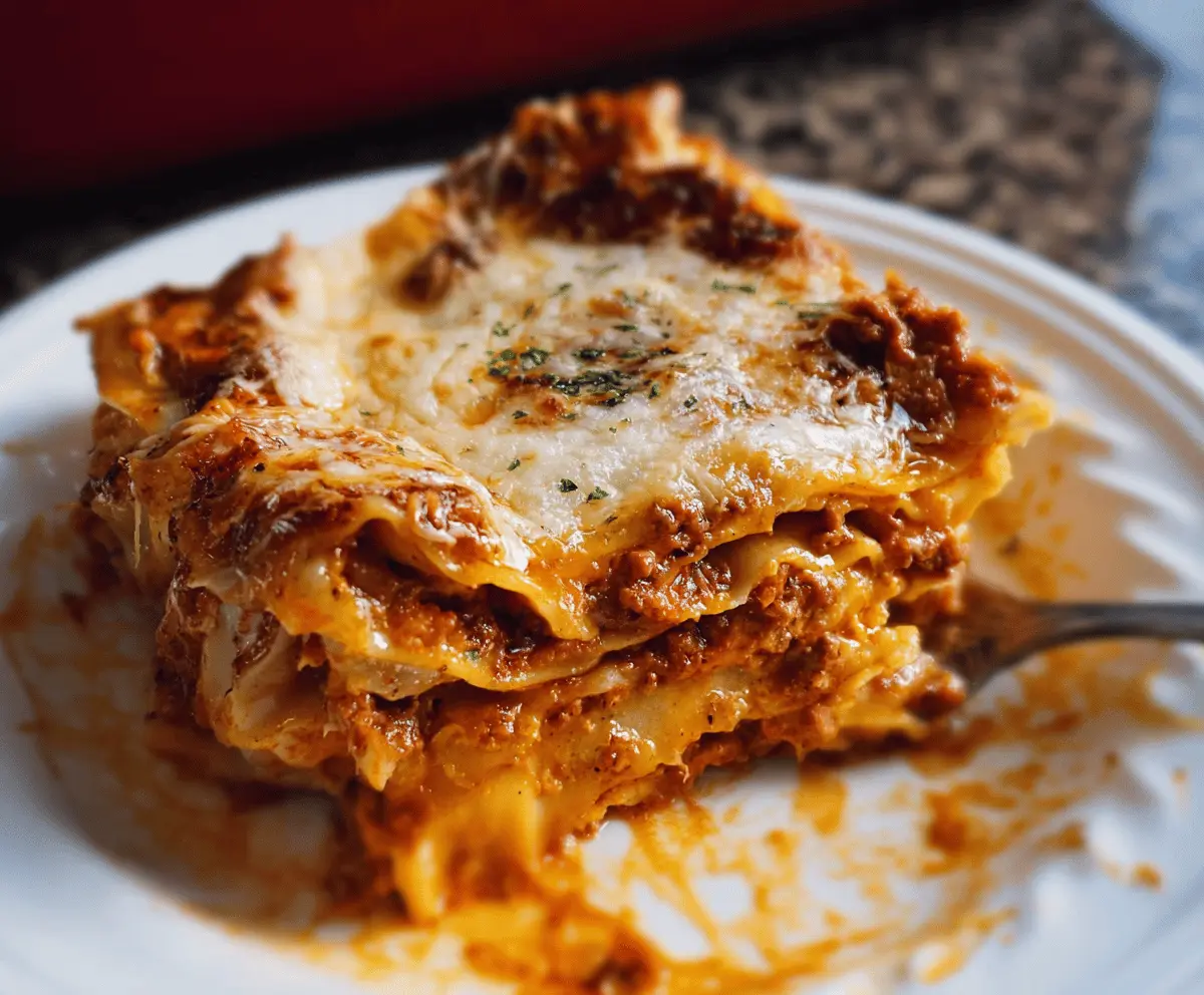 Delicious homemade lasagna with layers of pasta, rich meat sauce, and melted cheese, showcasing the easiest lasagna recipe.