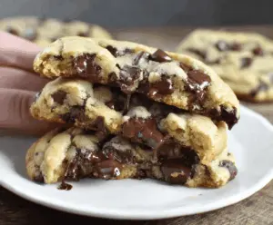 Delicious ultra thick bakery-style chocolate chip cookies with crispy edges and gooey centers, perfect for satisfying sweet cravings.