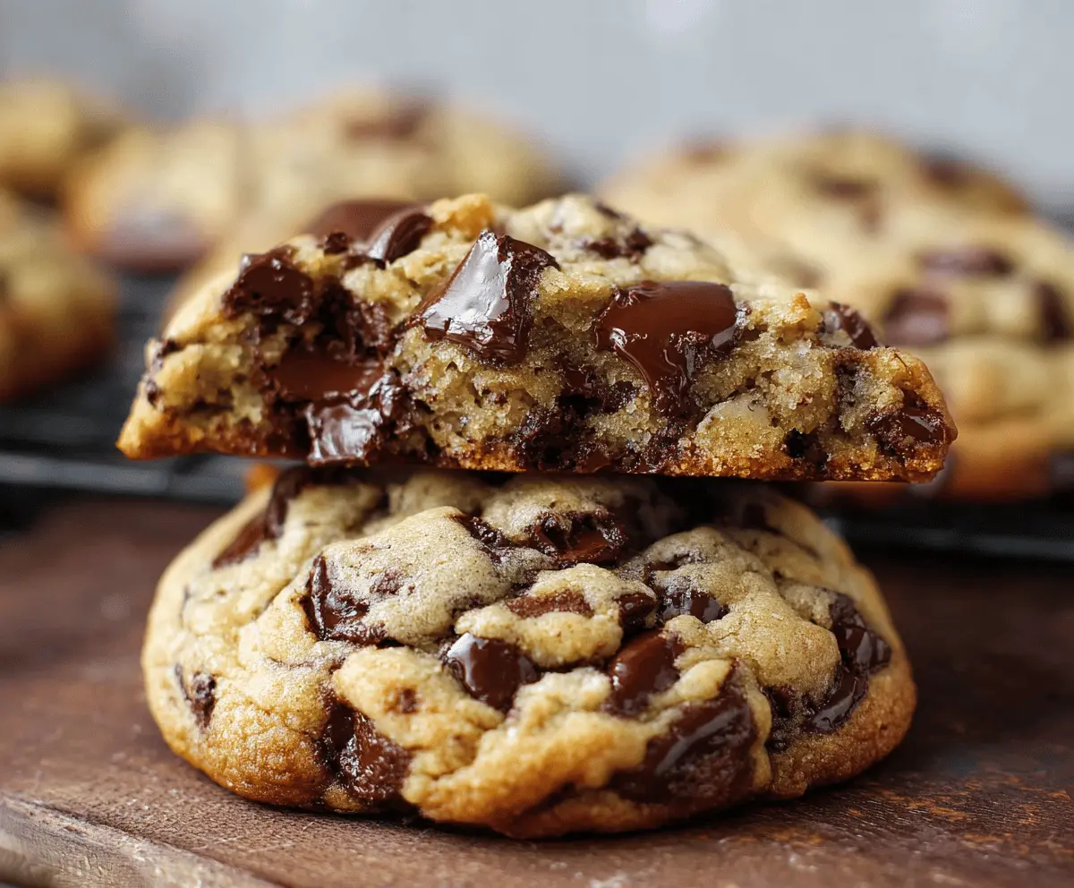 Ultra thick bakery-style chocolate chip cookies with crispy edges and gooey centers, showcasing their golden-brown exterior and melty chocolate chips