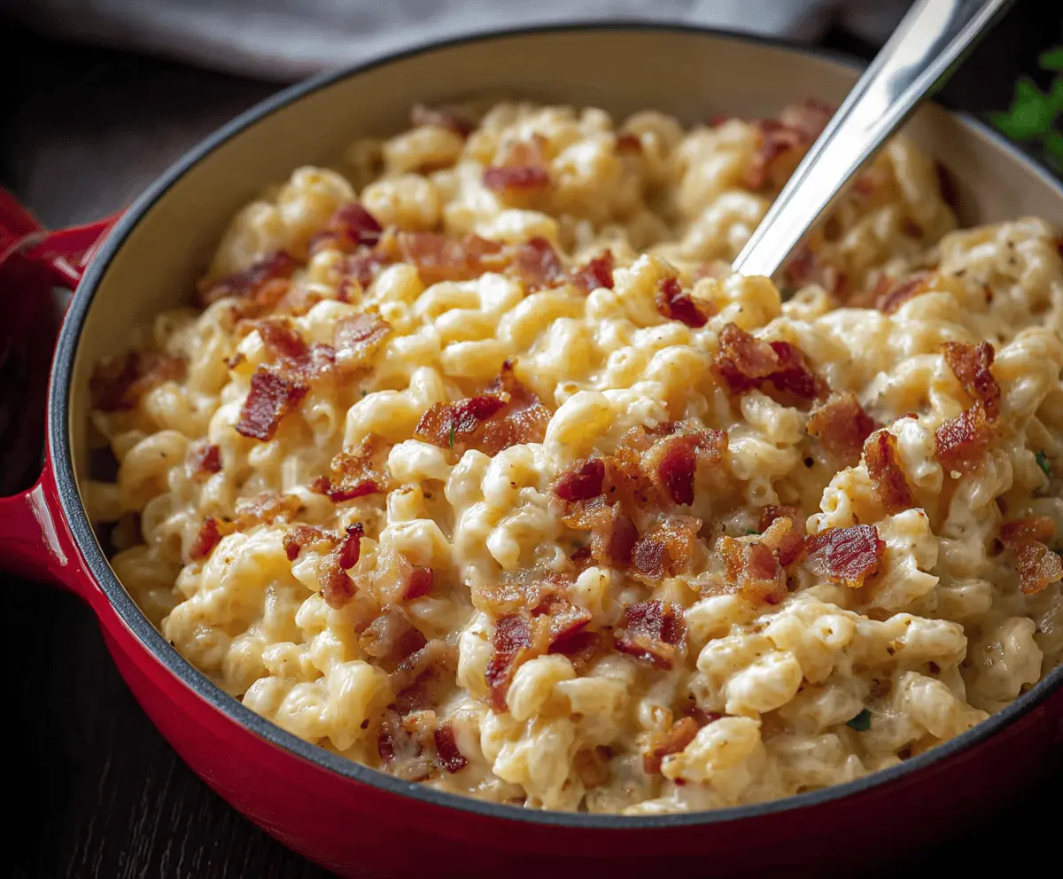 Creamy bacon mac and cheese baked to perfection with crispy bacon bits and golden cheese sauce.
