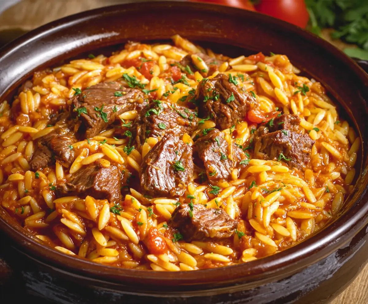 Delicious Beef Giouvetsi with tender chunks of beef and orzo pasta in a savory Greek tomato sauce.