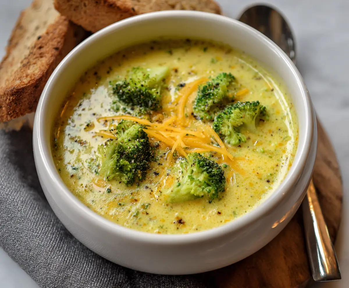 Creamy broccoli cheddar soup in a bowl, garnished with fresh herbs, served for a cozy meal.