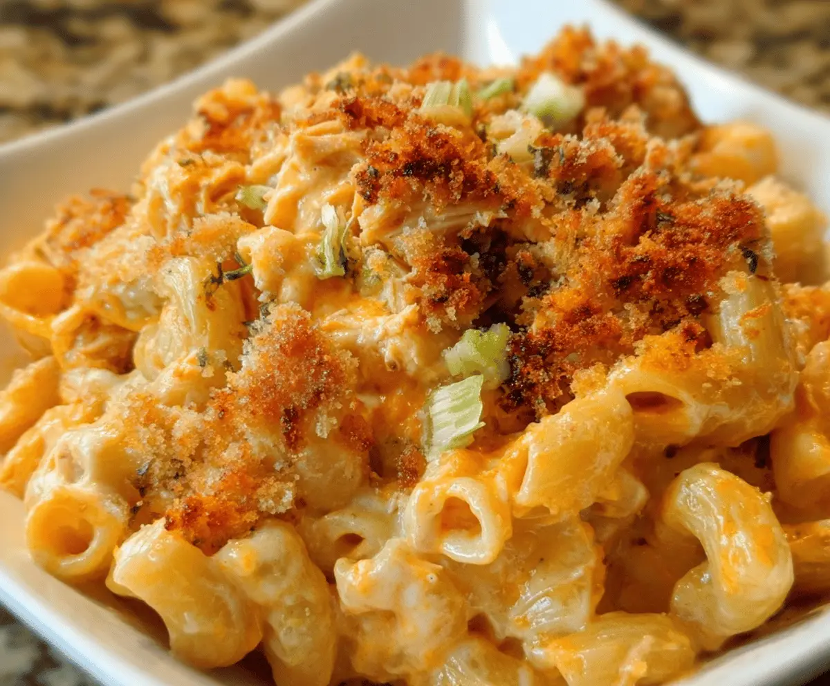 Creamy Buffalo Chicken Mac & Cheese in a baking dish with melted cheese and spicy chicken chunks