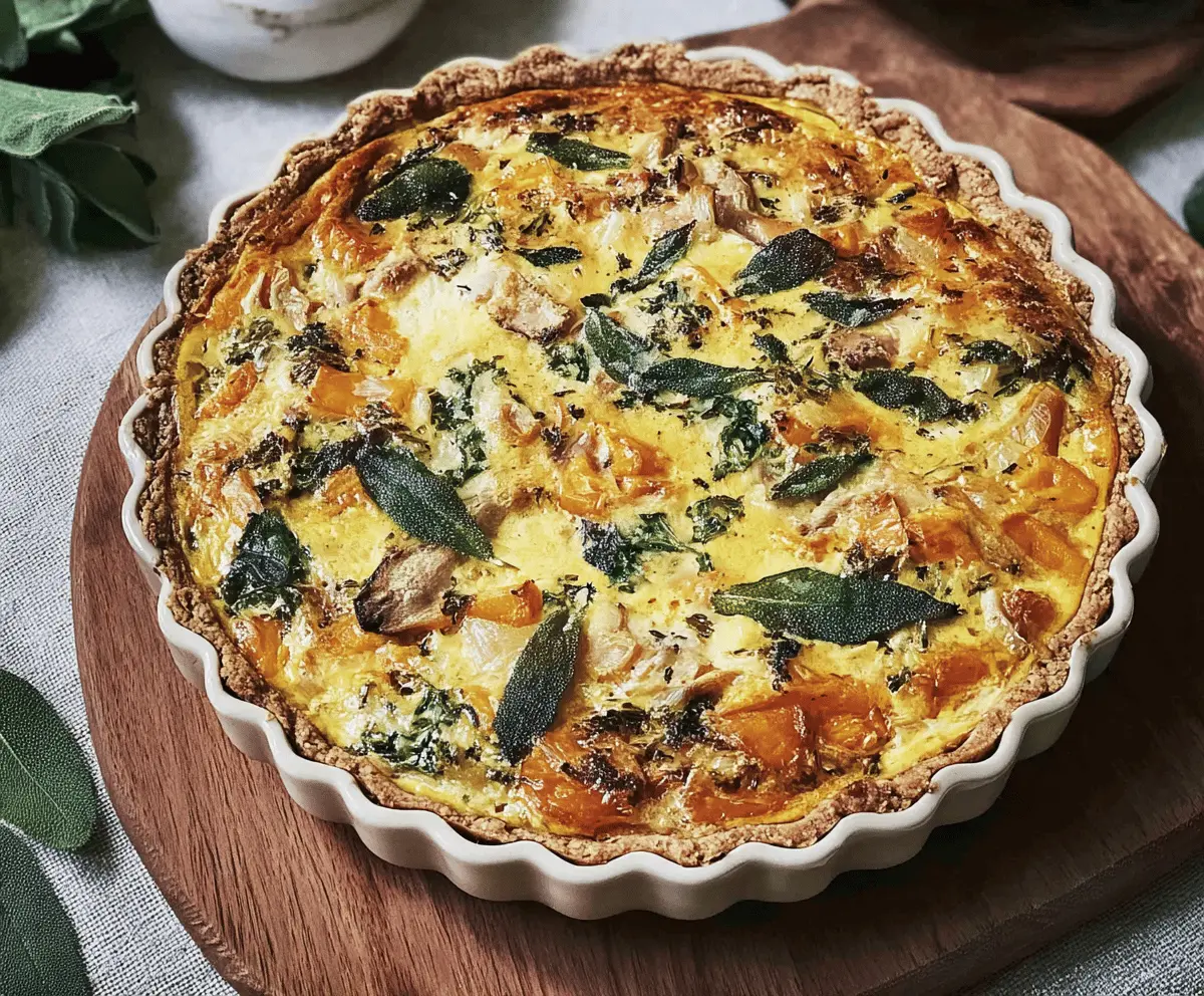 Delicious butternut squash and sage quiche with a golden crust on a rustic baking dish.