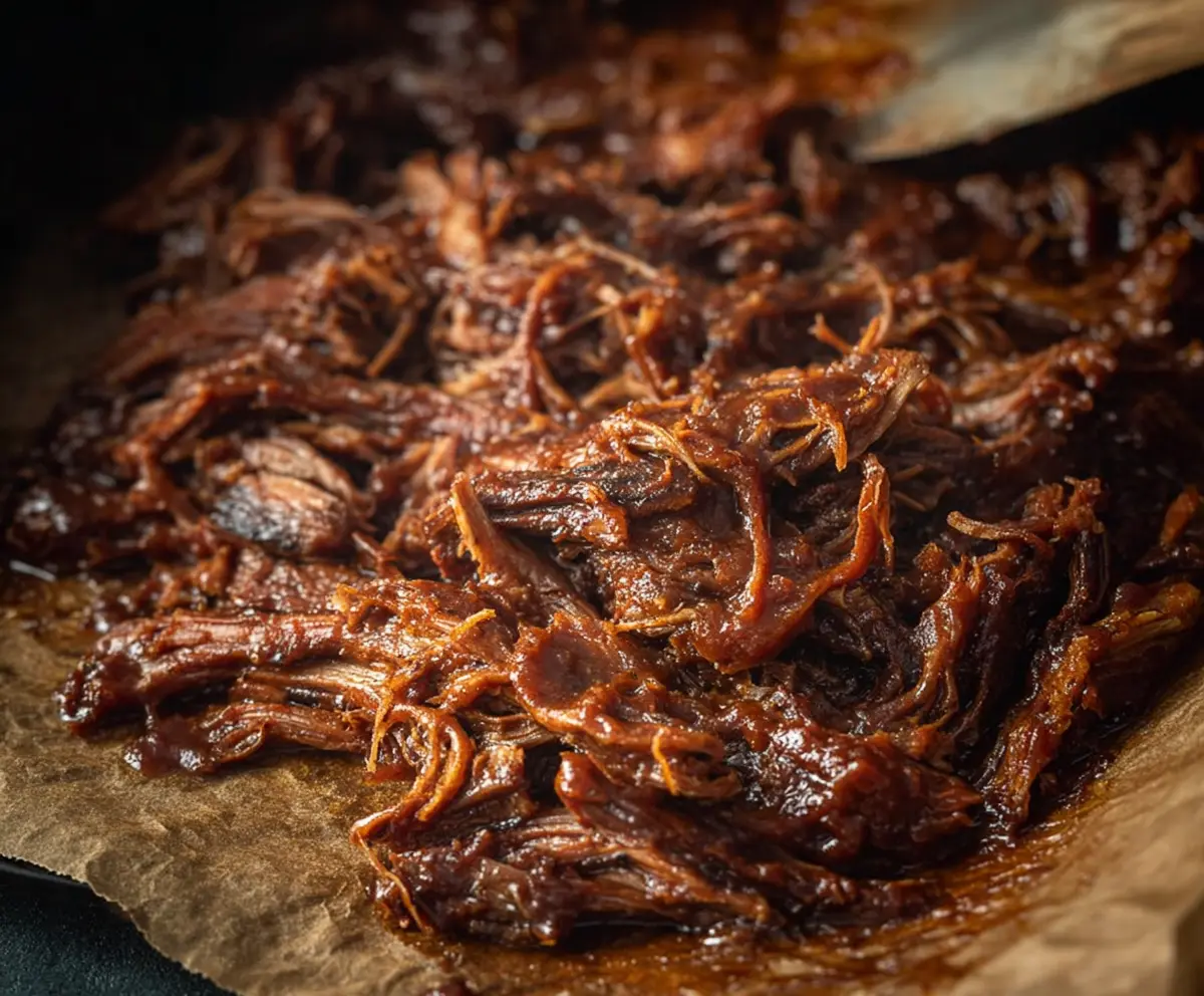 Tender caramelized pulled beef brisket with savory glaze and crispy edges served on a platter.