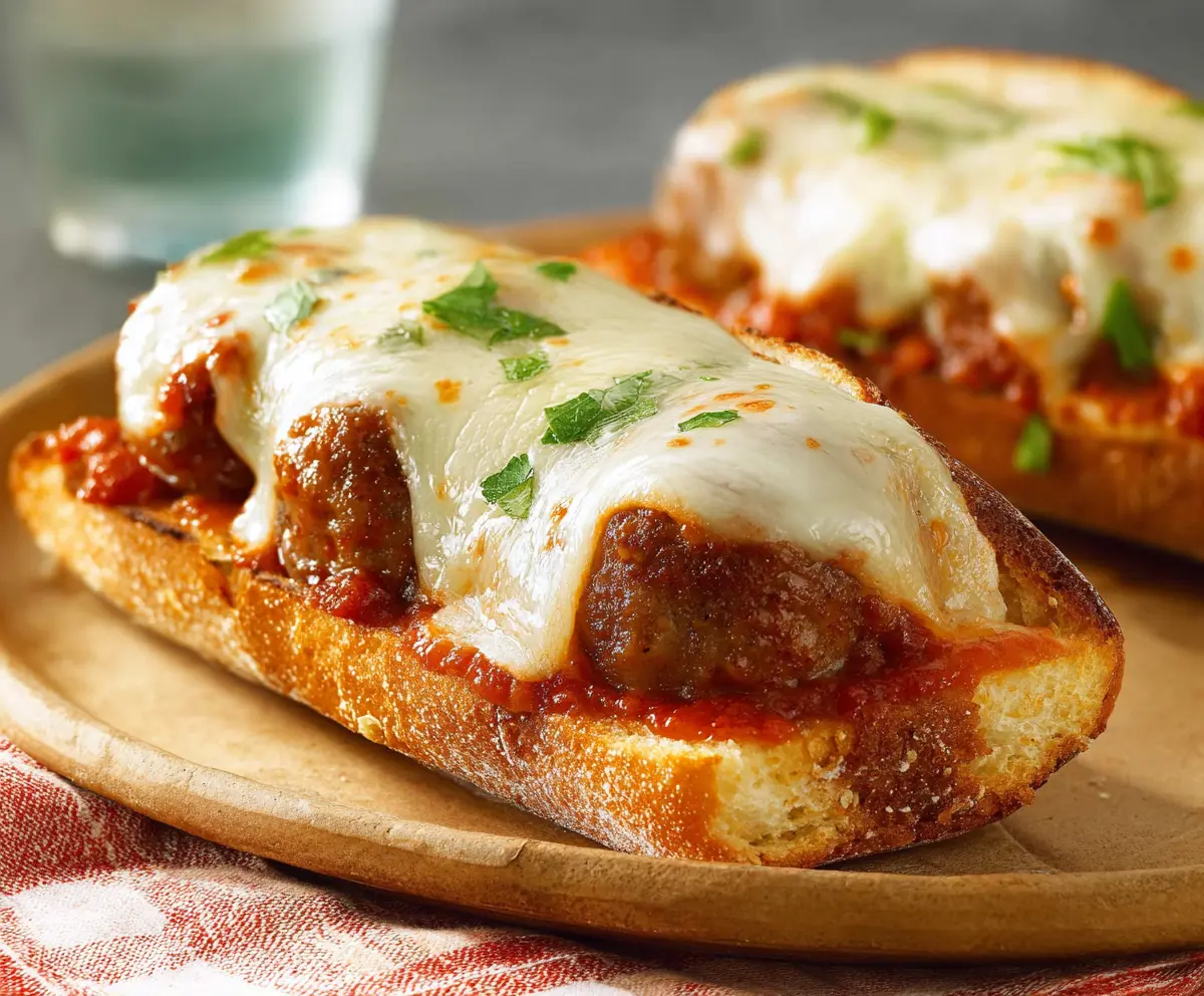 Delicious cheesy meatball sub sandwich with melted cheese and savory meatballs in a toasted bun