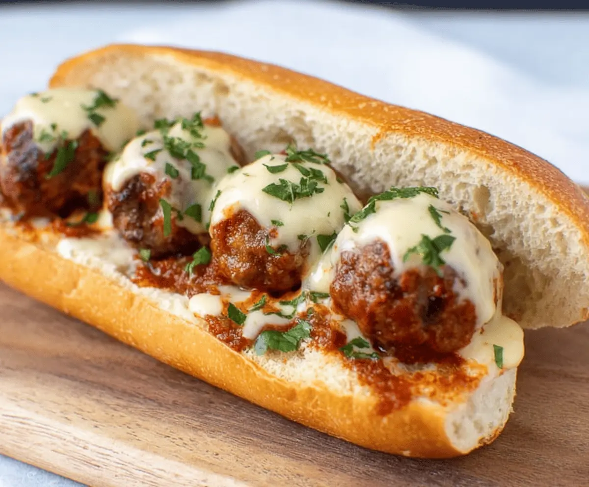 Delicious cheesy meatball sub sandwich with melted cheese and savory meatballs in a hoagie roll.