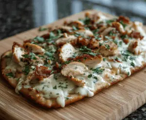 Delicious Chicken Alfredo Flatbread with creamy sauce and melted cheese topping.