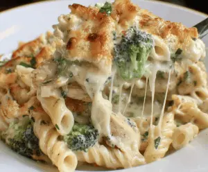 Creamy Chicken and Broccoli Alfredo Bake in a baking dish, featuring golden cheese topping and tender chicken pieces.