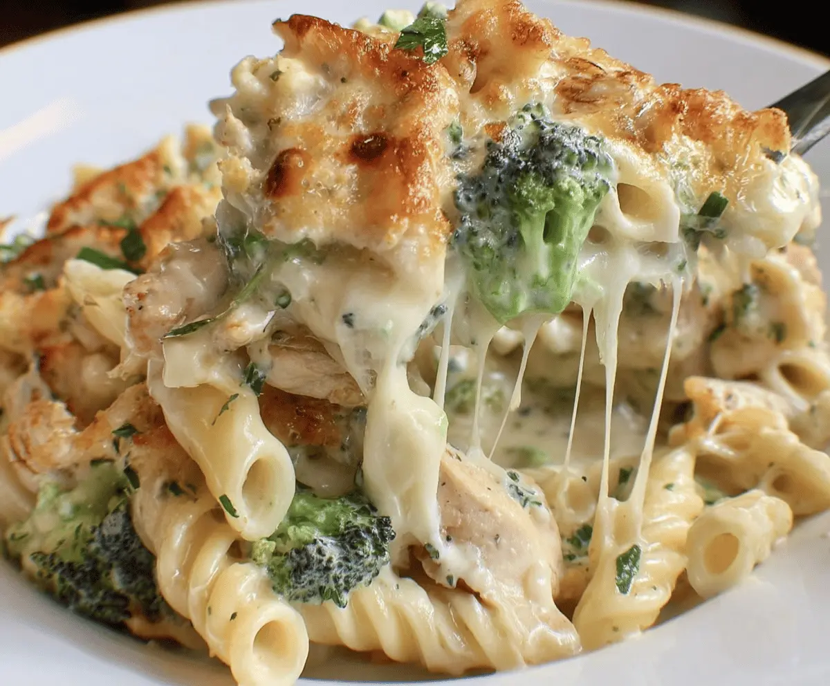 Creamy Chicken and Broccoli Alfredo Bake in a baking dish, featuring golden cheese topping and tender chicken pieces.