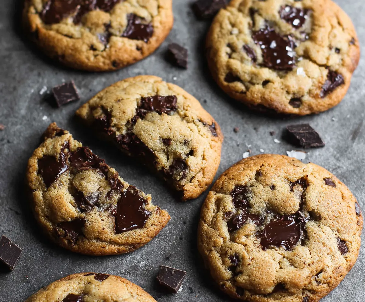 Freshly baked chocolate chip cookies fresh out of the oven, showcasing gooey chocolate chips on a rustic baking tray.