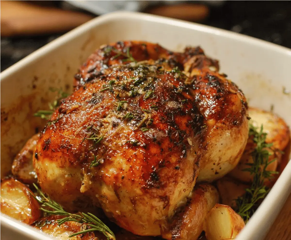 Delicious cider maple oven roasted Cornish hen served with roasted vegetables.