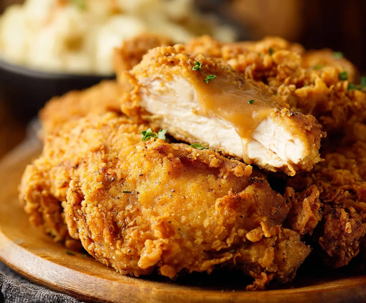 Crispy golden country fried chicken served with fresh vegetables on a rustic plate