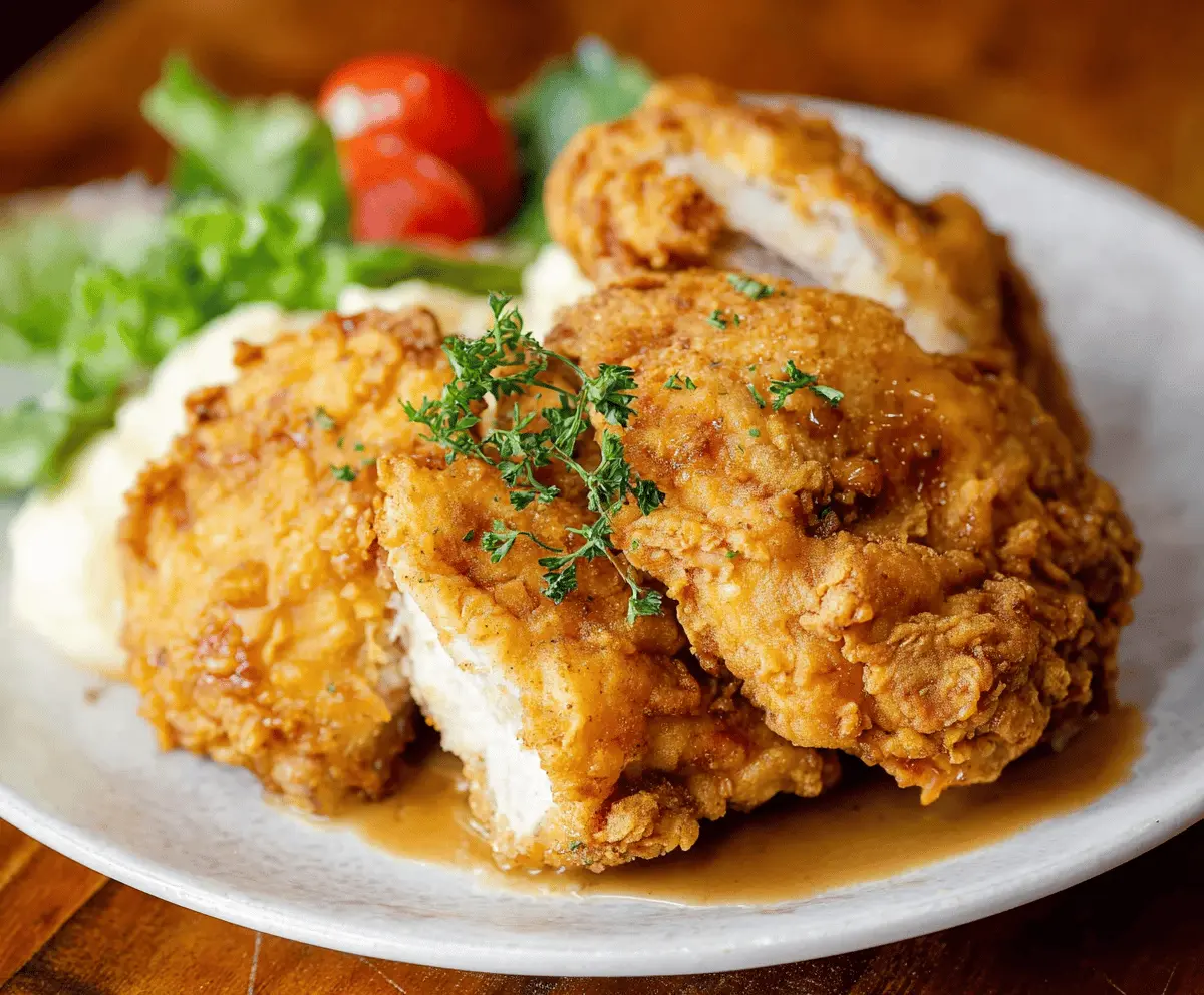 Golden crispy country fried chicken served on a rustic plate with herbs
