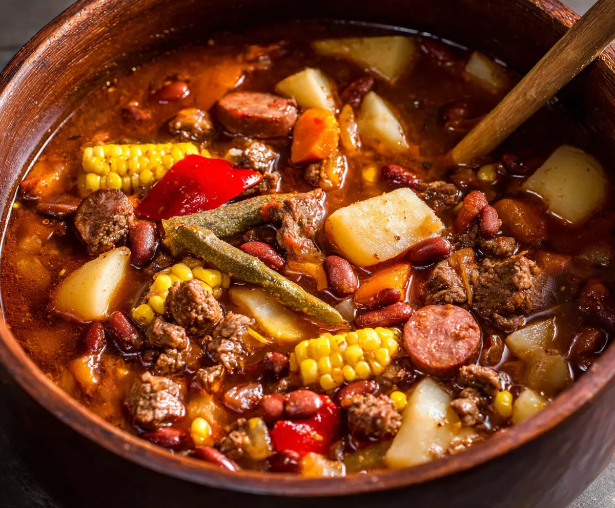Hearty cowboy stew with tender beef, vegetables, and spices in a rustic bowl.