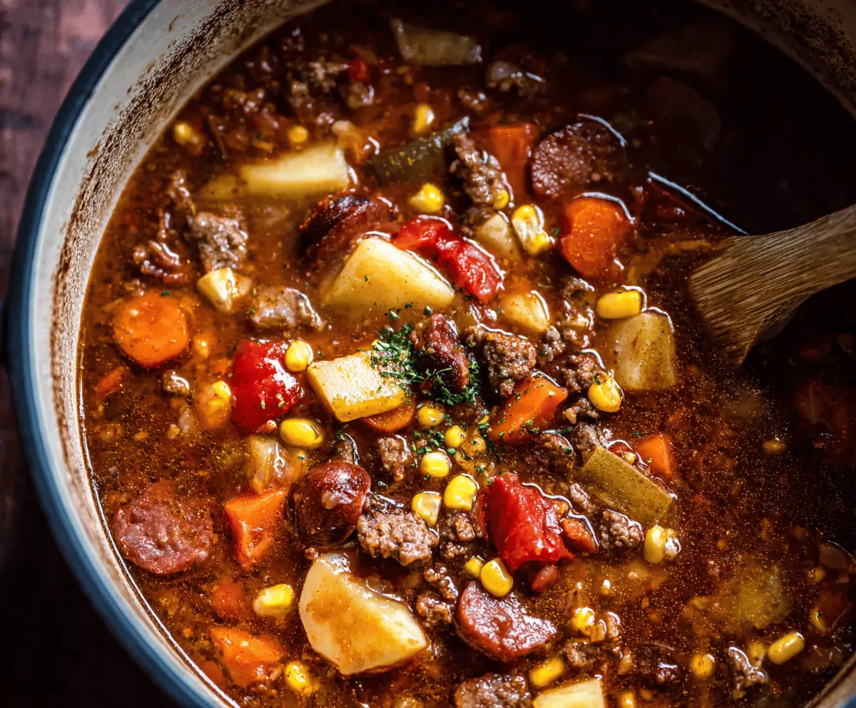 Hearty cowboy stew with chunks of beef, vegetables, and spices served in a rustic bowl.