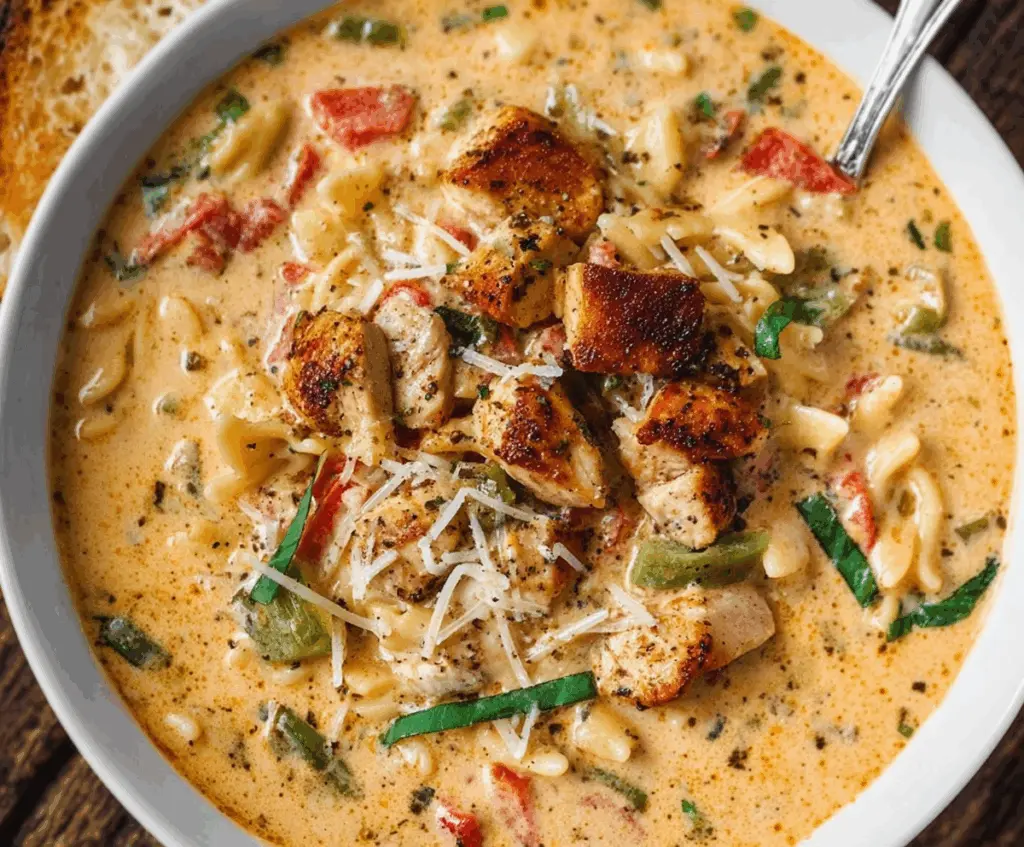 Creamy Parmesan Cajun Chicken Pasta Soup