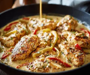 Creamy Pepperoncini Chicken Skillet served in a rustic dish with fresh herbs and sliced peppers.