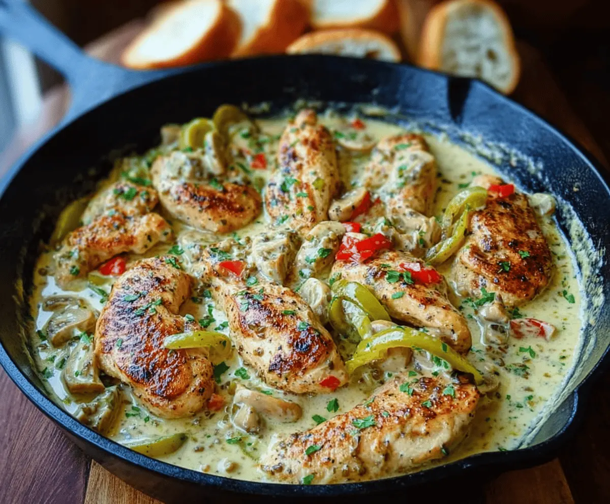 Delicious creamy pepperoncini chicken skillet served in a skillet with herbs and vegetables