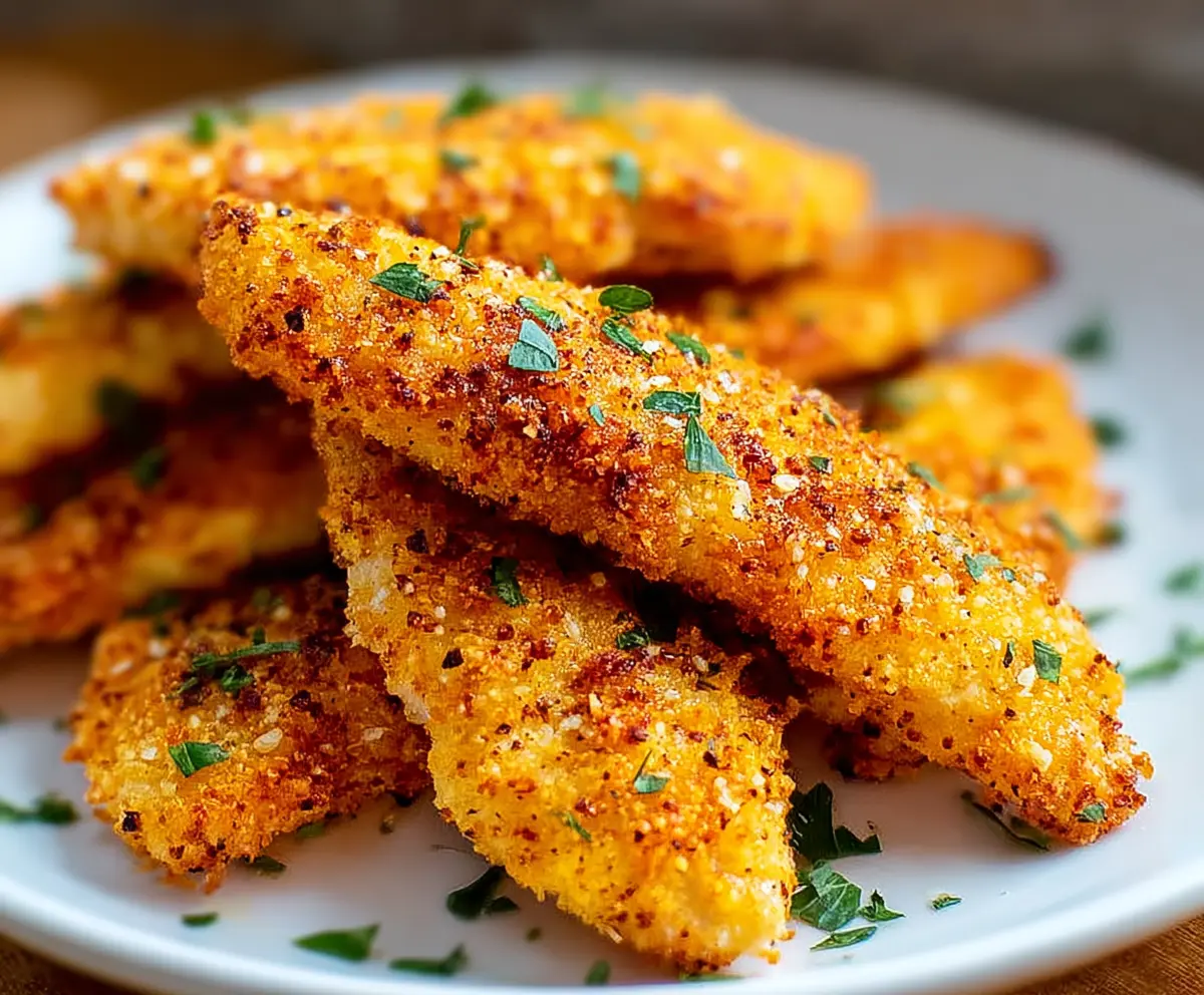 Crispy homemade baked chicken tenders on a plate, golden and delicious, perfect for a healthy snack or meal.