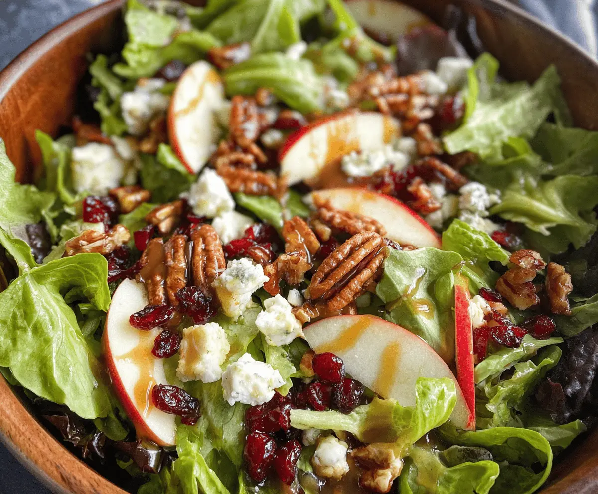 Fresh crunchy fall apple salad topped with nuts and drizzled with maple vinaigrette in a bowl.