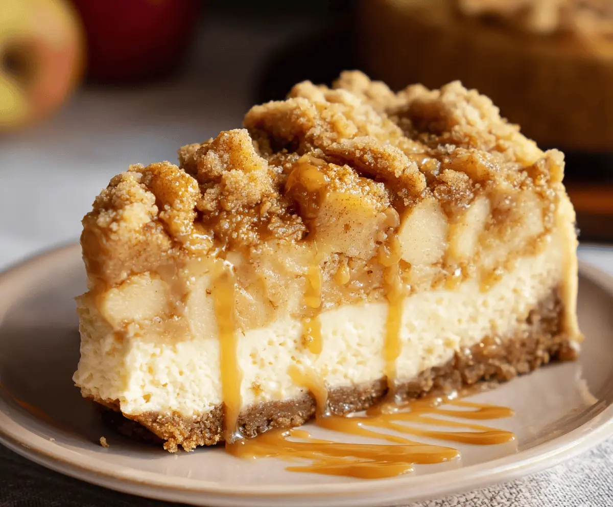 Creamy apple crumble cheesecake topped with caramelized apple slices and crunchy crumble topping.