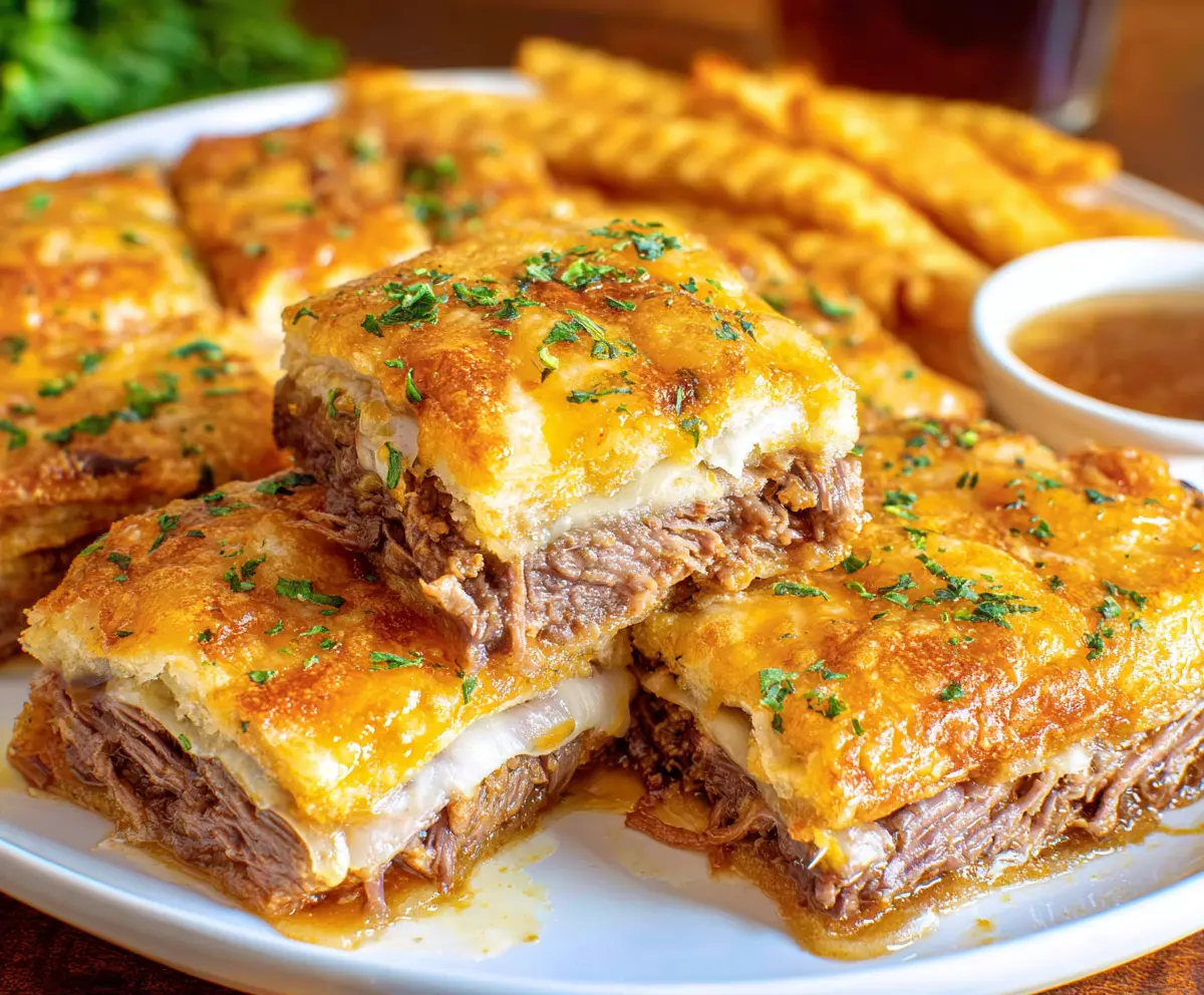 Savory French Dip Squares with melted cheese and tender beef on a baking tray.