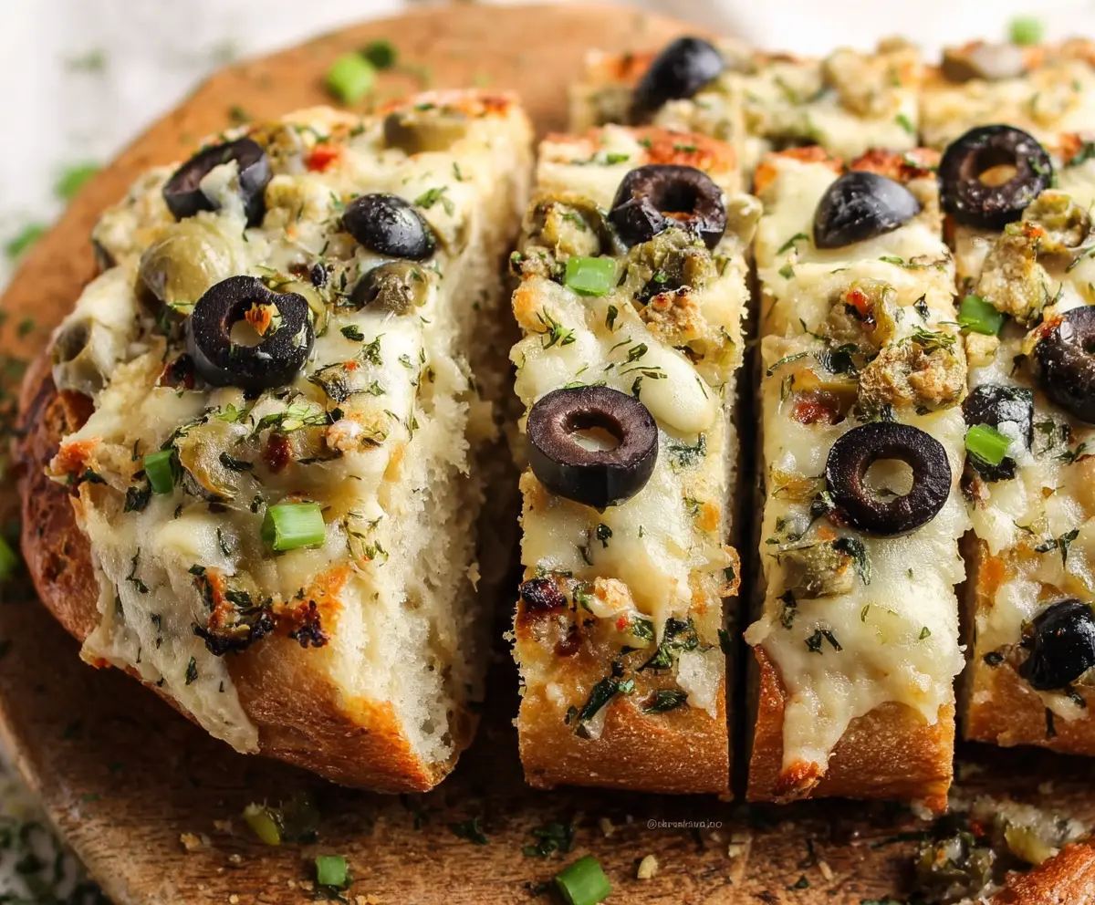 Delicious easy olive cheese bread appetizer served hot, perfect for parties and snacks.