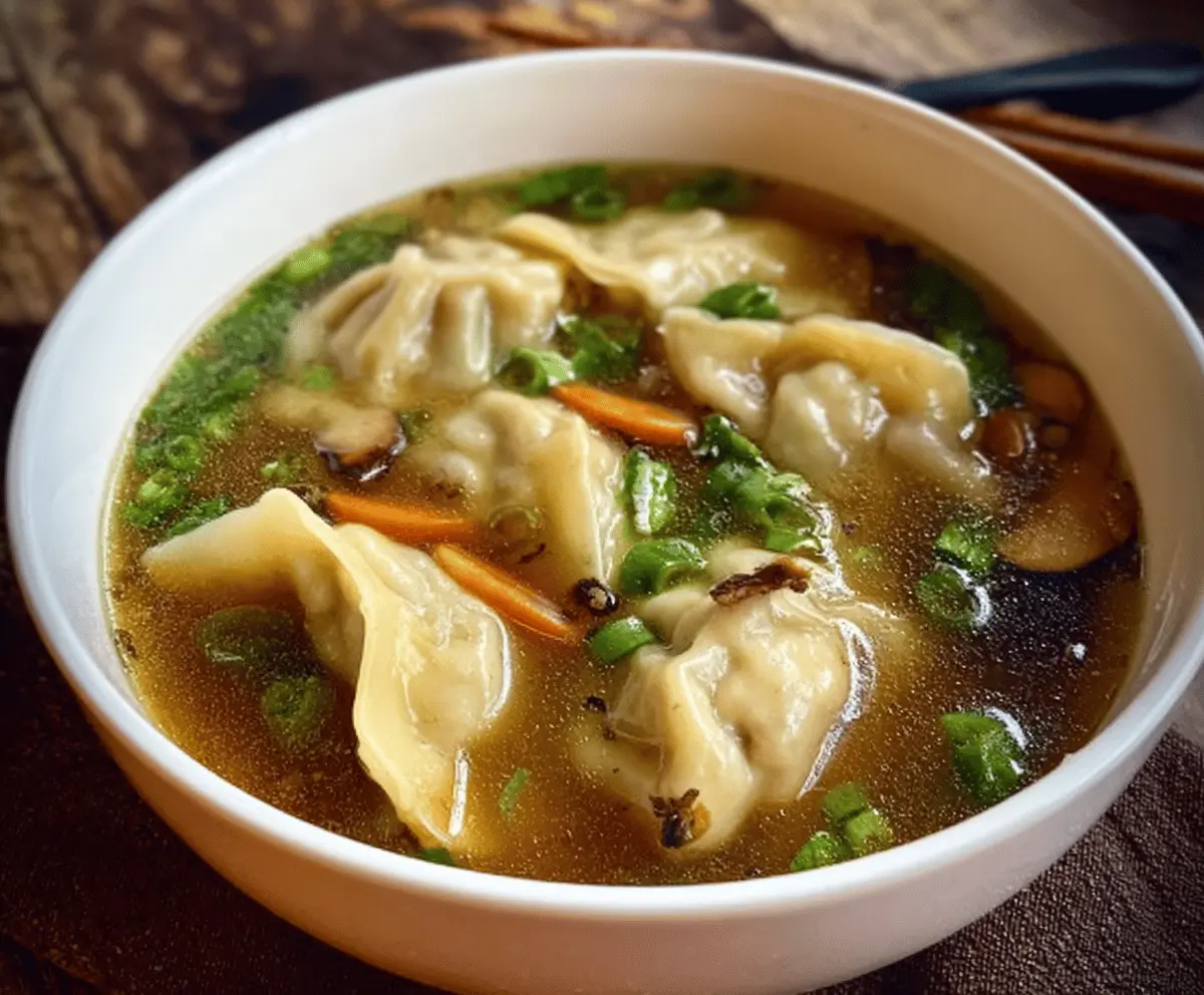 Bowl of comforting easy potsticker soup with vegetables and flavorful broth for comfort food lovers.