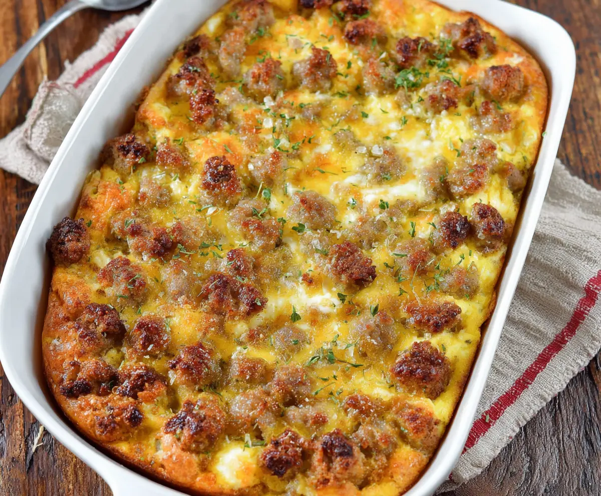 Delicious homemade sausage and egg casserole dish perfect for breakfast or brunch.