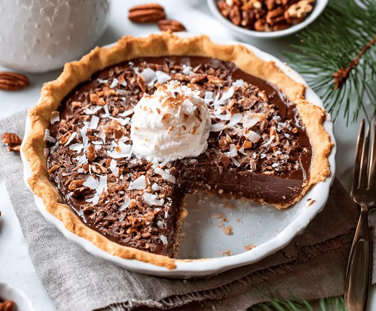 Delicious no-bake German chocolate pie topped with coconut and pecans for Christmas dessert
