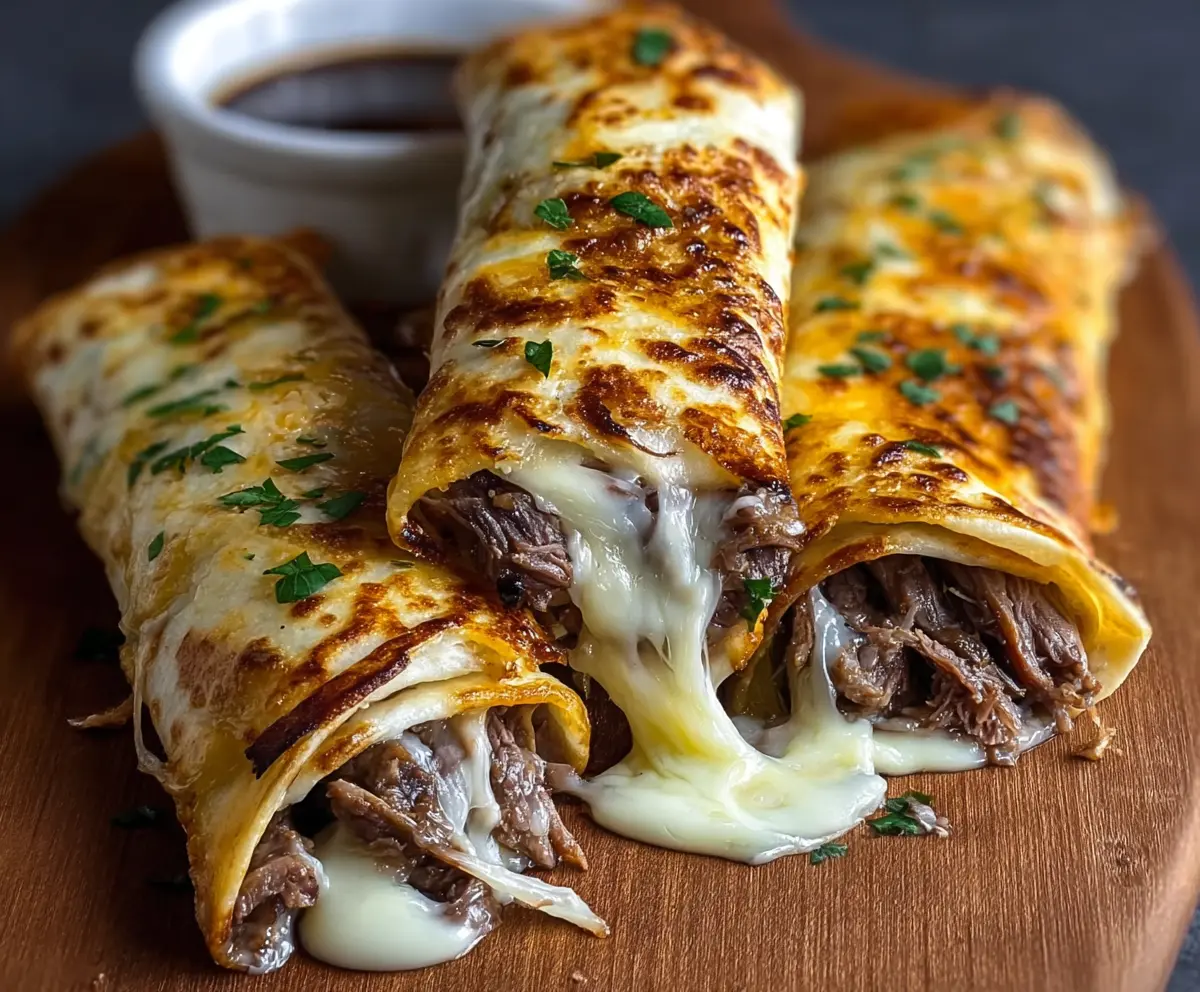 Delicious French Dip Tortilla Roll Ups filled with savory beef and melted cheese, perfect for a quick appetizer or snack