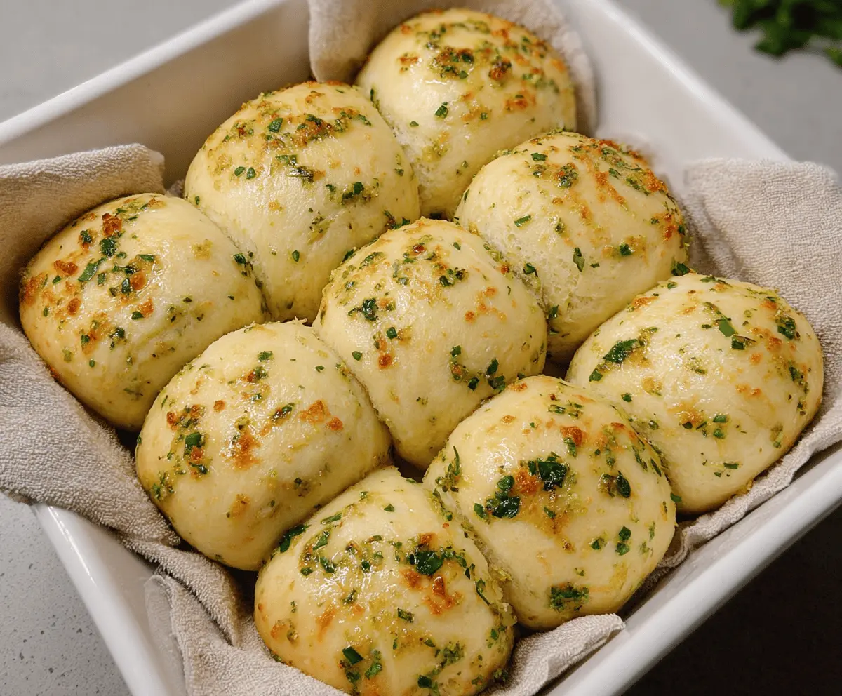 Freshly baked garlic bread rolls with golden crust and aromatic garlic butter.