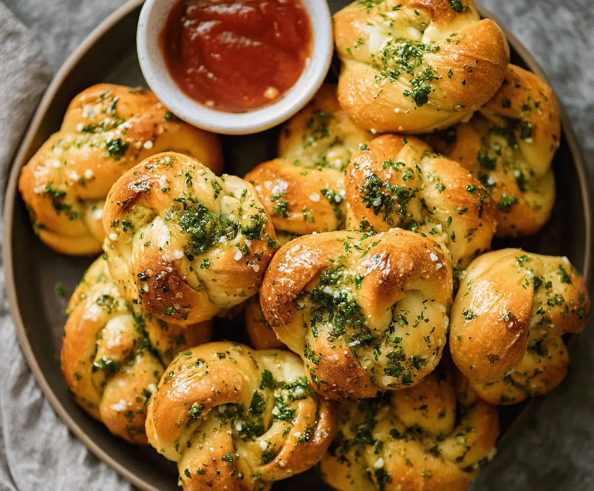 Golden garlic knots fresh out of the oven, topped with parsley and melted butter, perfect for dipping.