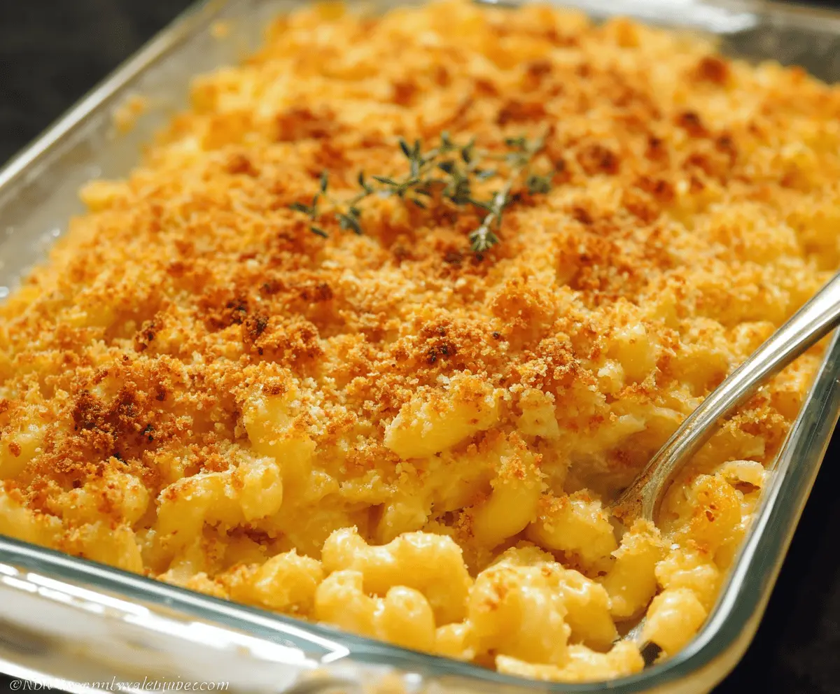 Delicious gourmet baked mac and cheese with a crispy crunchy topping served in a baking dish.