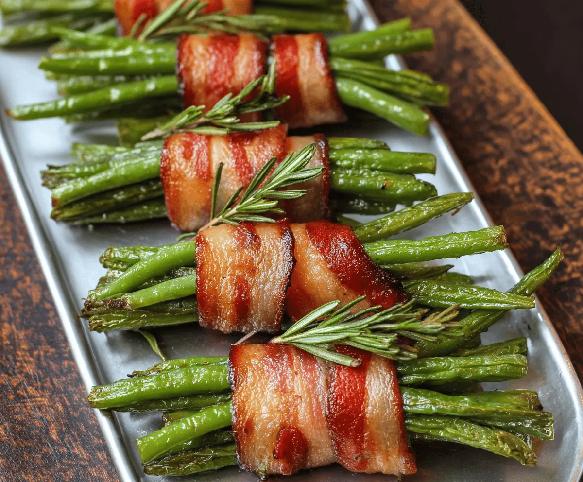 Delicious green bean bundles wrapped with bacon on a serving plate, perfect for a savory appetizer.