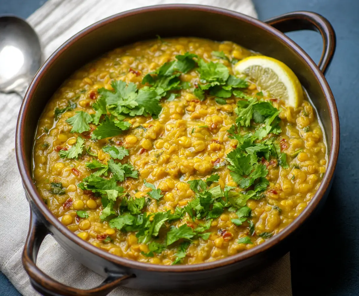 Delicious green lentil dal served in a white bowl, garnished with fresh herbs for a nutritious vegetarian meal.