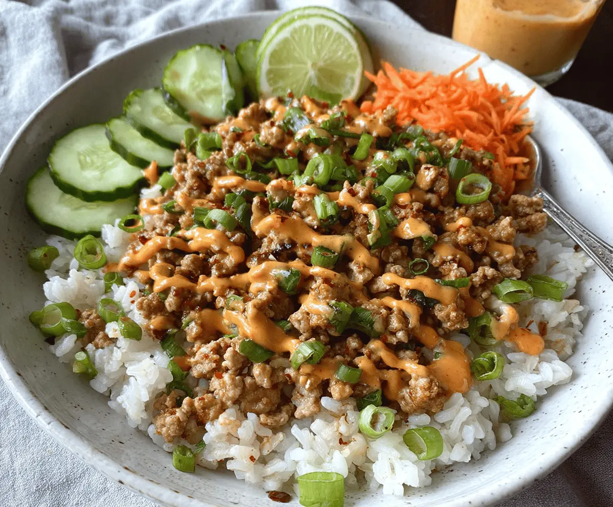 Delicious ground turkey rice bowl topped with vibrant Bang Bang sauce and fresh garnishes.