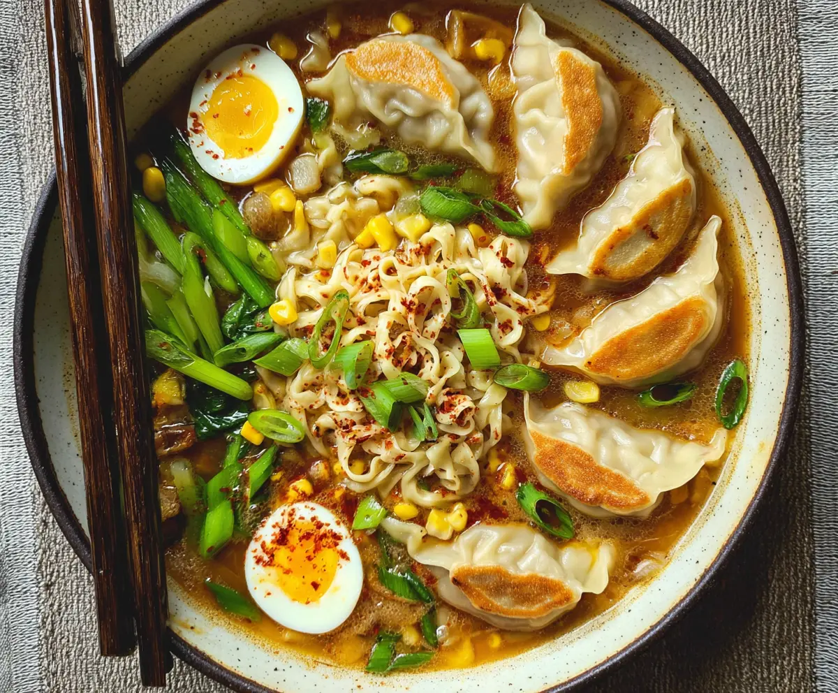 Delicious Gyoza Soup with crispy dumplings and fresh vegetables in a bowl