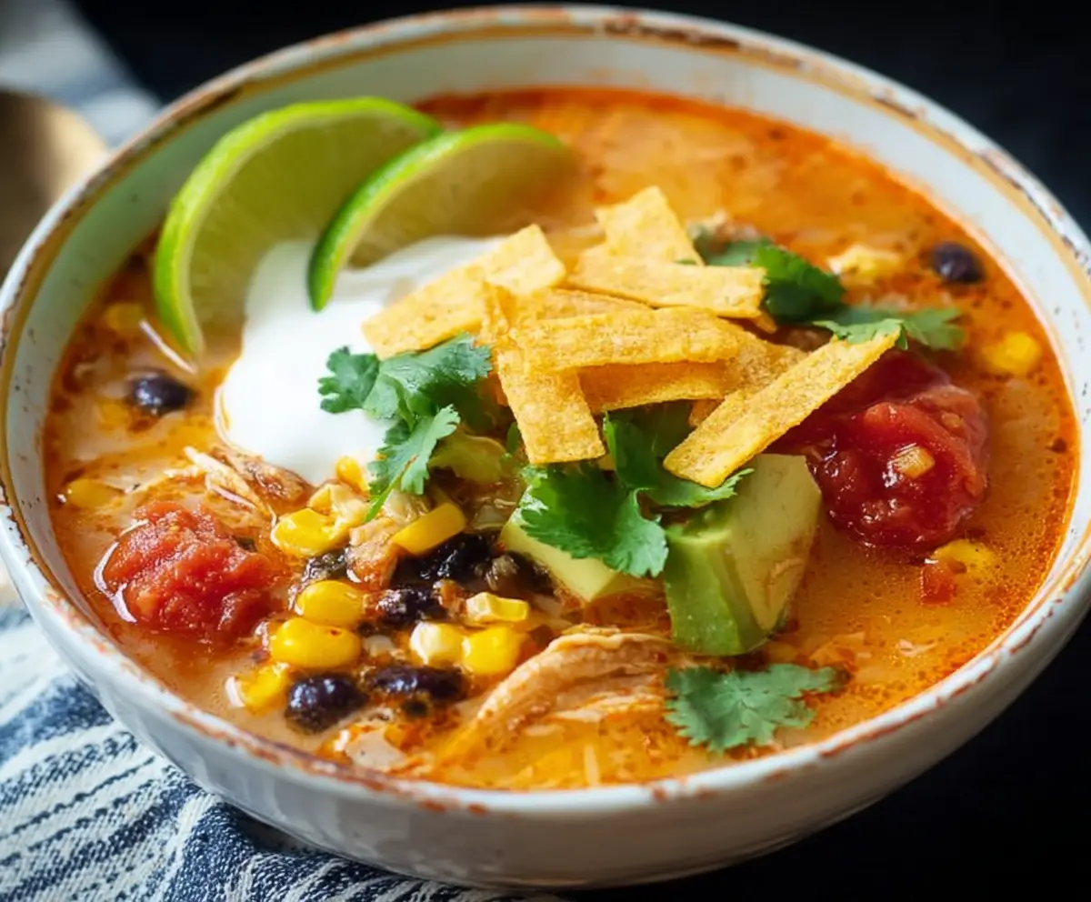 Delicious homemade tortilla soup served in a bowl with fresh toppings and garnishes.