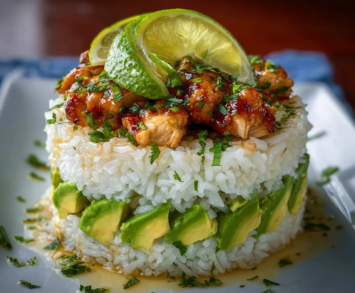 Delicious honey lime chicken and avocado rice stacks served on a plate, featuring fresh ingredients and vibrant colors.