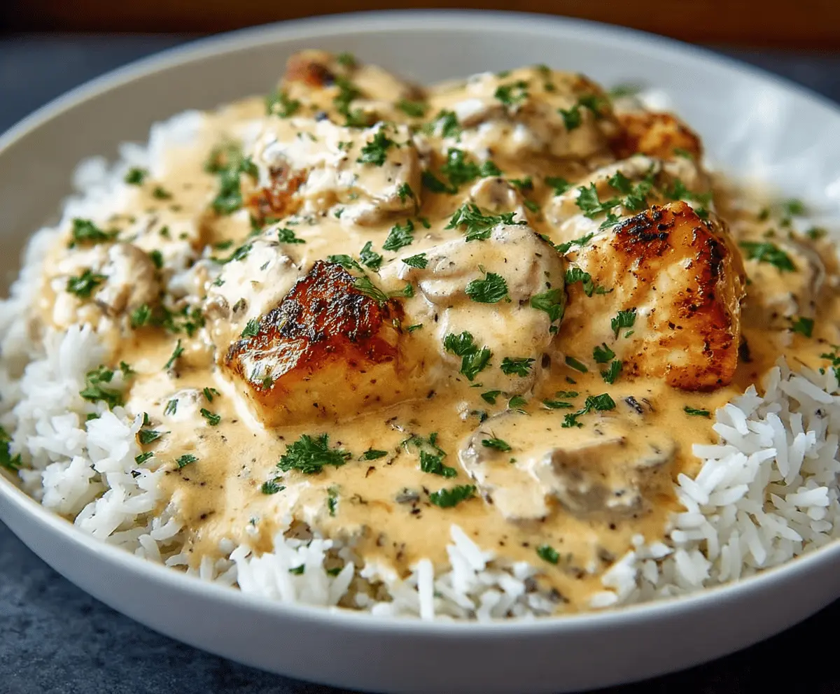 Creamy smothered chicken served with fluffy rice in a flavorful sauce, perfect for comfort food lovers.