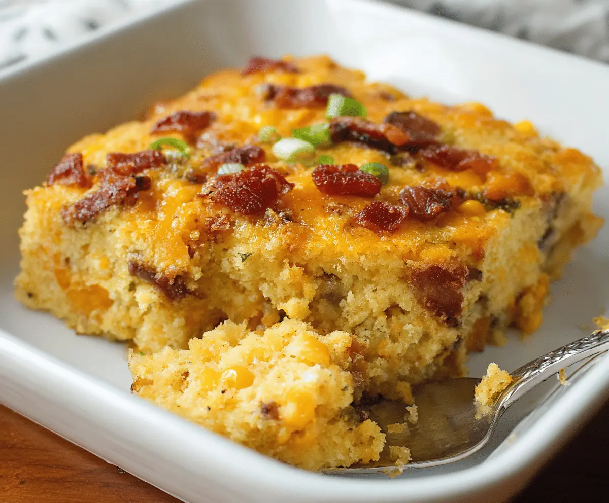 Delicious loaded cornbread casserole topped with melted cheese and fresh herbs