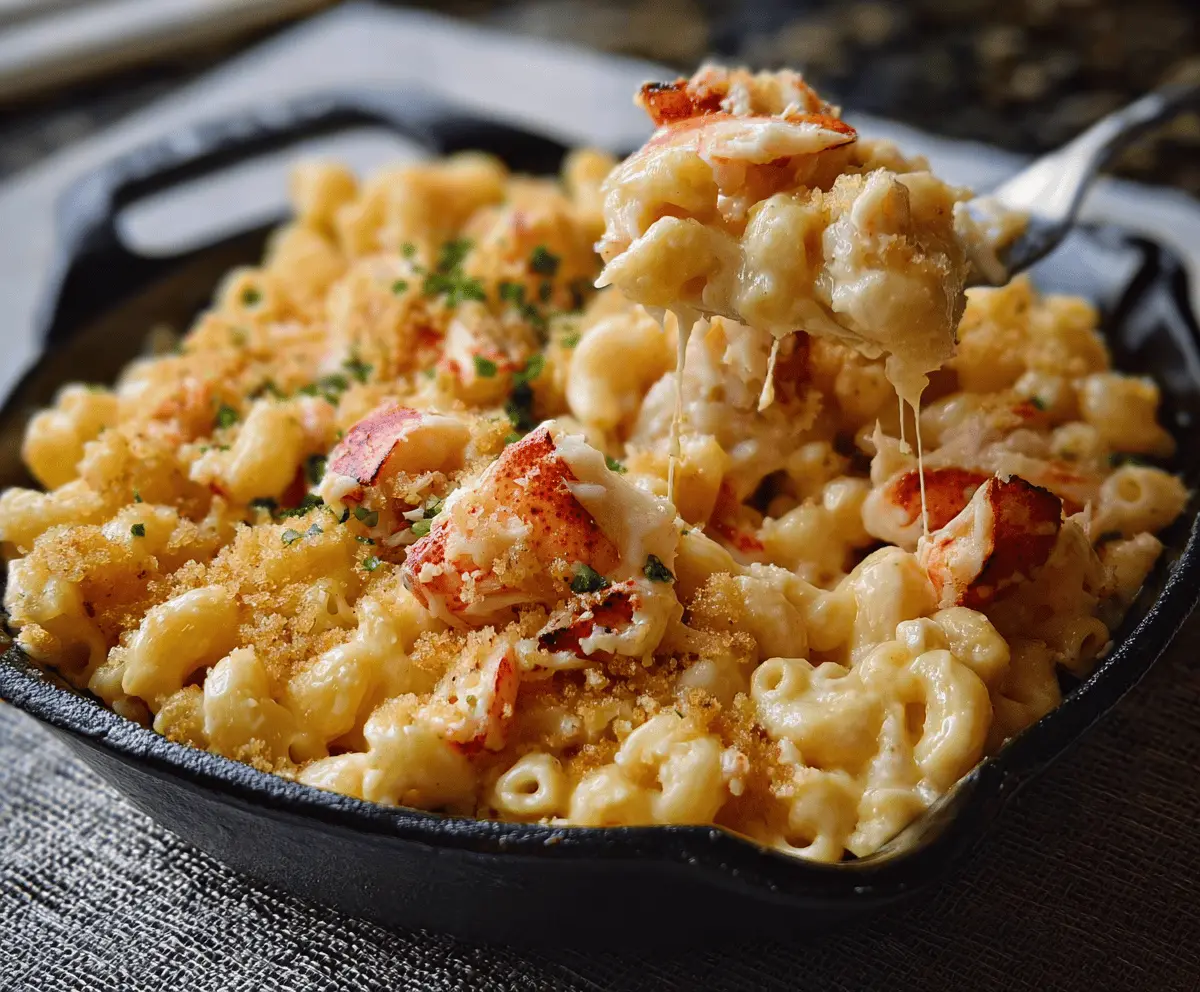 Delicious Lobster Mac and Cheese served in a white bowl, showcasing creamy cheese and succulent lobster pieces.