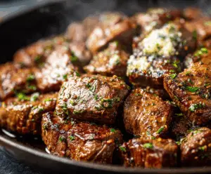 Juicy garlic butter steak sizzling on a hot grill, garnished with fresh herbs for a flavorful meal.
